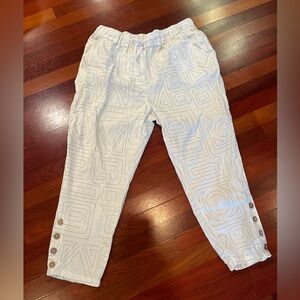 CHARLIE B White and beige Linen Geometric Print Pull-On Pants